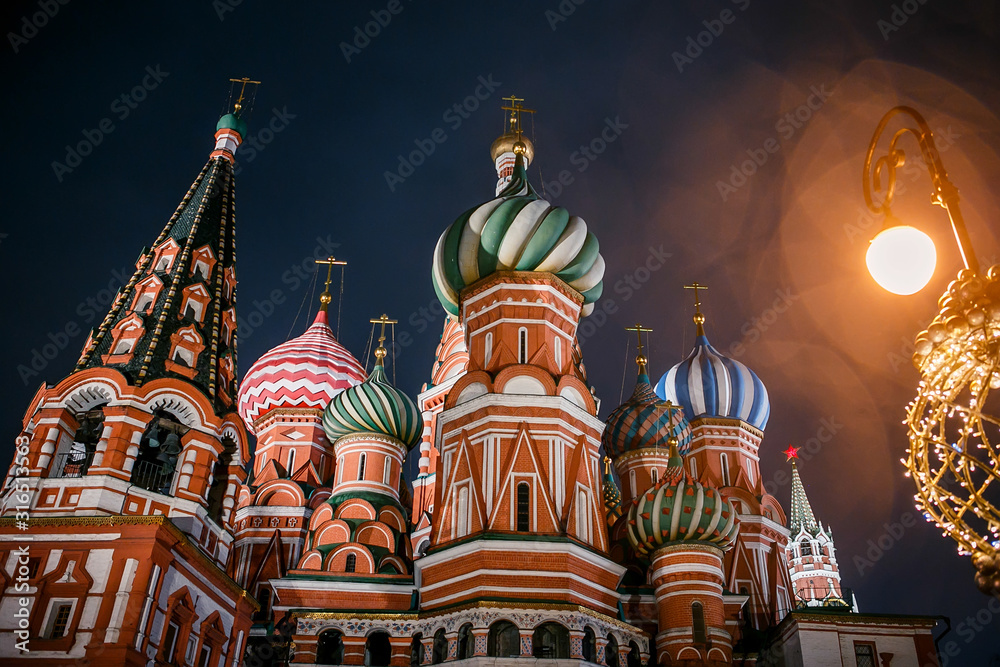 Moscow, Russia. Domes of St. Basil’s Cathedral at night.