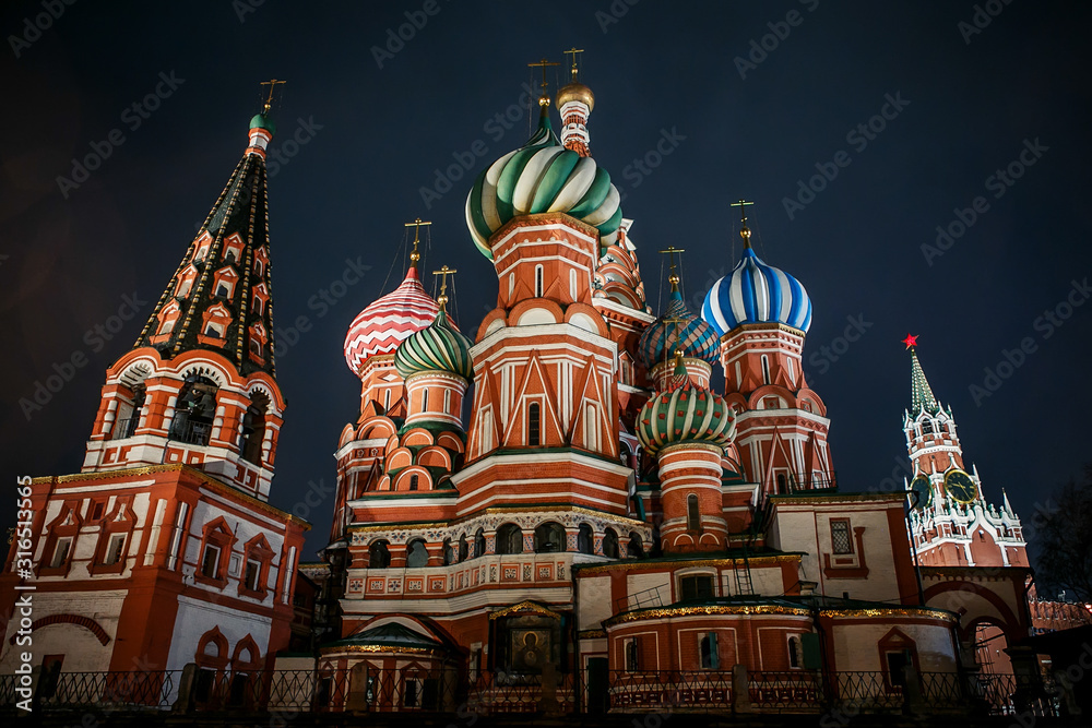 Moscow, Russia. Domes of St. Basil’s Cathedral at night.