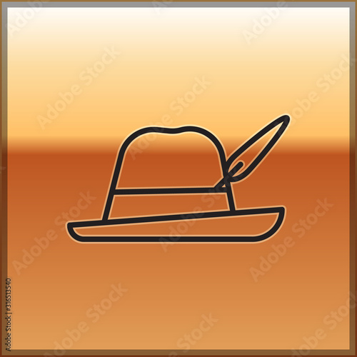 Black line Oktoberfest hat icon isolated on gold background. Hunter hat with feather. German hat. Vector Illustration
