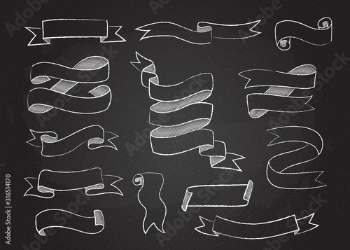 Chalk style sketchy ribbon set vector illustration. Hand drawn elegant banners collection with curved ribbons sketch and curled doodle flags on black chalkboard for vintage cafe board menu design