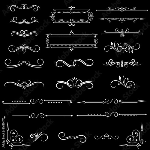 Vintage floral dividers and frames. Ornamental decorations on black background