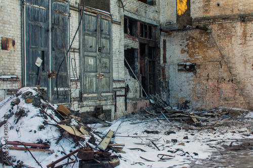 The territory of the abandoned factory in Kyiv in winter. Ukraine