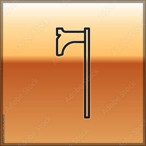 Black line Medieval axe icon isolated on gold background. Battle axe, executioner axe. Medieval weapon. Vector Illustration