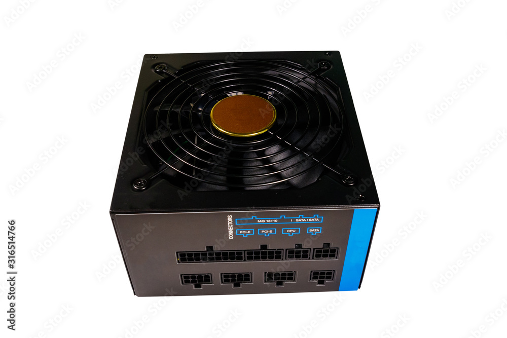 Fototapeta premium Modern power supply unit PSU for PC computer isolated on white background
