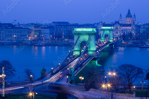 Photography The Chain Bridge in Budapest in green light