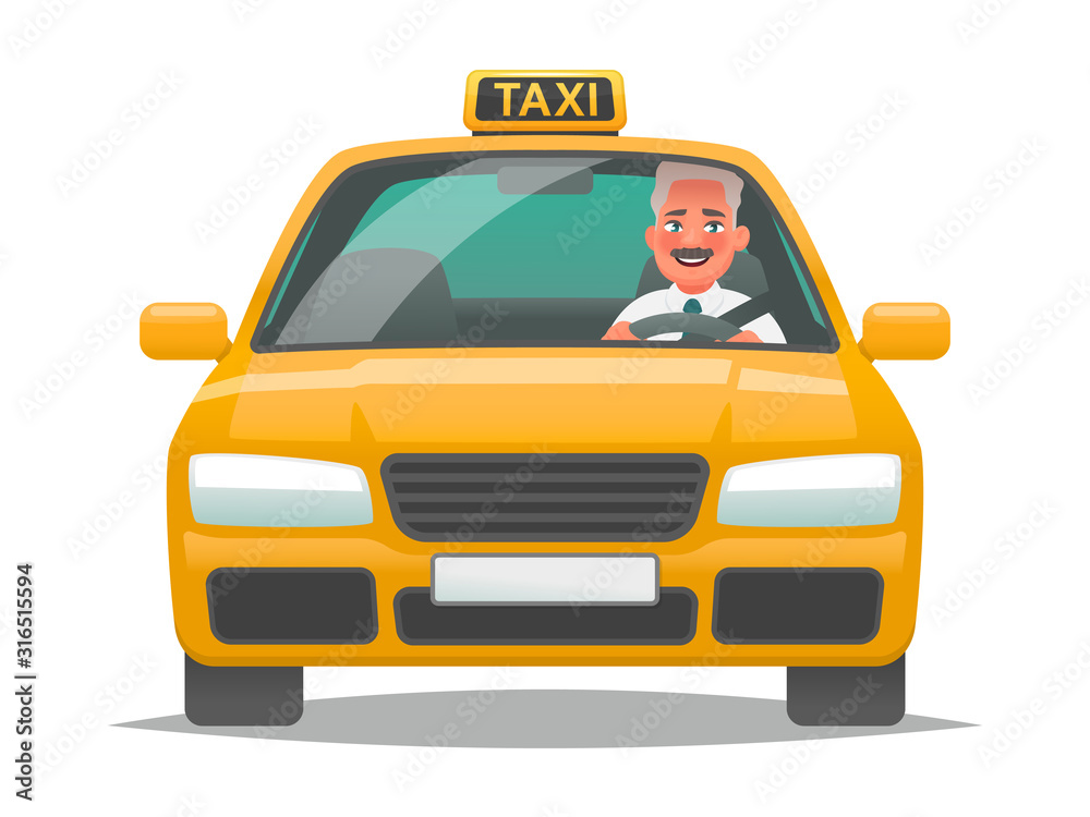 Taxi driver man driving yellow car on an isolated background
