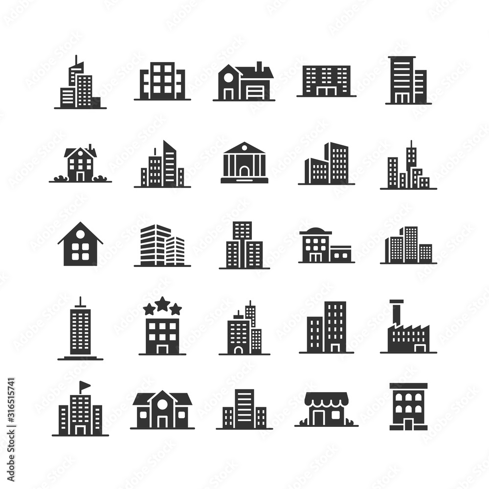 Building icon set in flat style. Town skyscraper apartment vector illustration on white isolated background. City tower business concept.