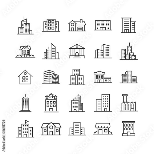 Building icon set in flat style. Town skyscraper apartment vector illustration on white isolated background. City tower business concept.