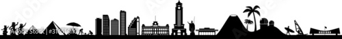island, sun, beach, palm, outline, apartment, skyscraper, white, view, vector, urban, travel, modern, landscape, landmark, isolated, illustration, house, graphic, downtown, cityscape, city, building, 