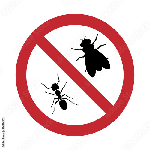 Vector silhouette no ant and fly mark on white background. Symbol of stop insect.