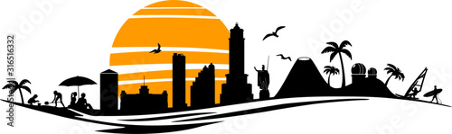 island, sun, beach, palm, outline, apartment, skyscraper, white, view, vector, urban, travel, modern, landscape, landmark, isolated, illustration, house, graphic, downtown, cityscape, city, building, 