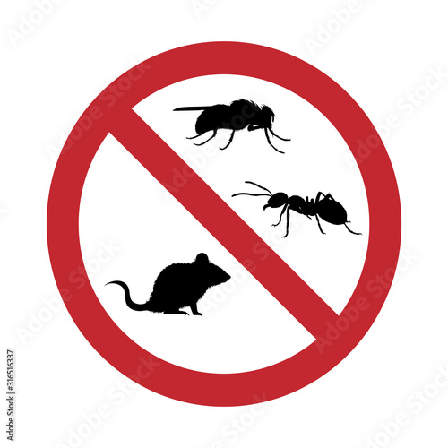 Vector silhouette no ant and fly and rat mark on white background. Symbol of stop insect and pest.