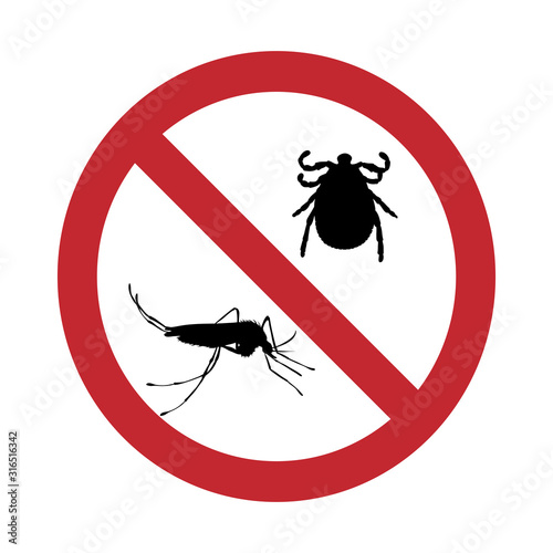 Vector silhouette no mosquito and tick mark on white background. Symbol of stop malaria and dengue disease.