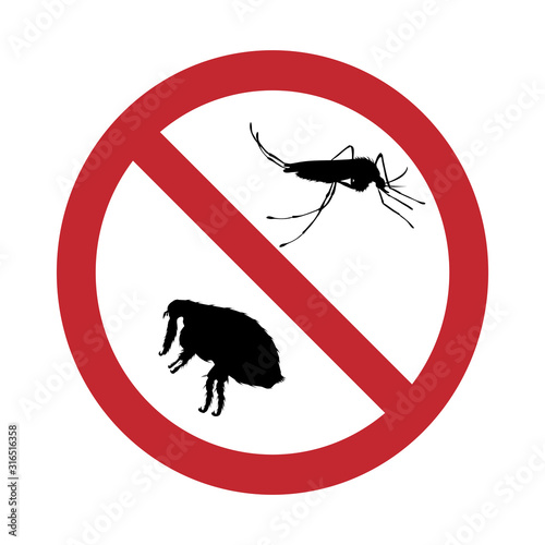Vector silhouette no mosquito and flea mark on white background. Symbol of stop malaria and dengue disease.