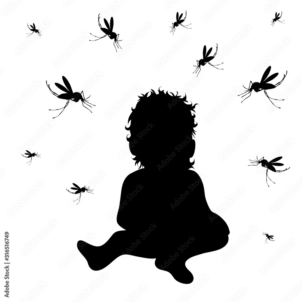 Vector silhouette of girl with mosquito on white background. Symbol of annoying and danger insect.
