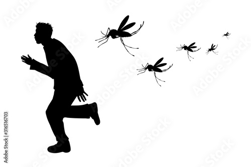 Vector silhouette of man who runs away mosquito on white background. Symbol of annoying insect.