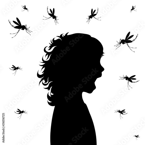 Vector silhouette of girl crying to mosquito on white background. Symbol of annoying and danger insect.