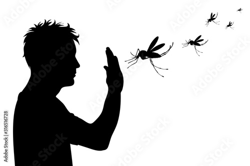 Vector silhouette of man who drive away mosquito on white background. Symbol of annoying insect.