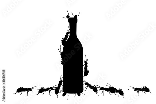 Vector silhouette of bottle with ants on white background. Symbol of insect eating food.