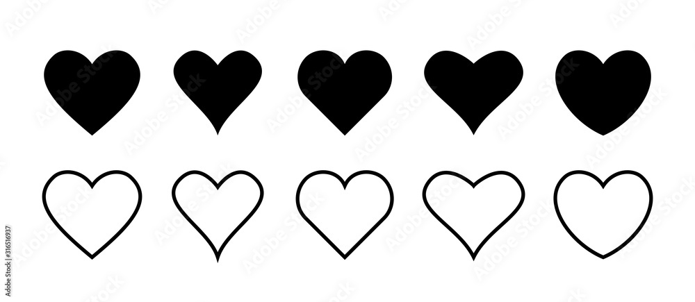 Set of heart vector icons isolated on white background. Vector illustration. Black flat design. Set of heart vector icons isolated on white background. Vector illustration. Black flat design.