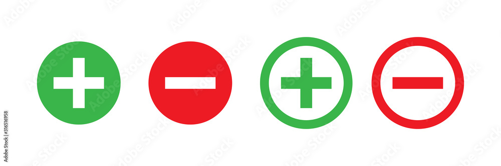 Plus and minus vector isolated green and red icon. Vector illustration. Plus icon simple add sign vector cross. Opportunity symbol. Check mark icon. Plus and minus vector isolated green and red icon. Vector illustration. Plus icon simple add sign vector cross. Opportunity symbol. Check mark icon.