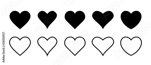 Set of heart vector icons isolated on white background. Vector illustration. Black flat design.