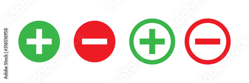 Plus and minus vector isolated green and red icon. Vector illustration. Plus icon simple add sign vector cross. Opportunity symbol. Check mark icon. photo