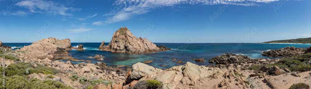 Panoramic view of Sugarloaf Rock, which is a large, natural granite island in the Indian Ocean  approximately 2 kilometres south of Cape Naturaliste, near Busselton in Western Australia.