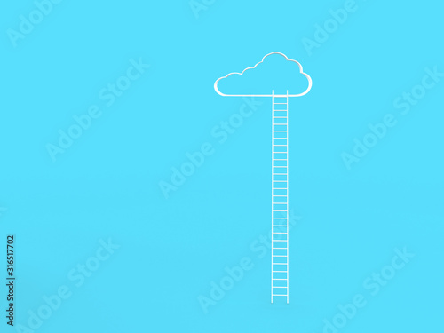 Ladder to clouds. One step to goal success, isolated on light blue background, illustration minimalistic design competition concept. 3D rendering.