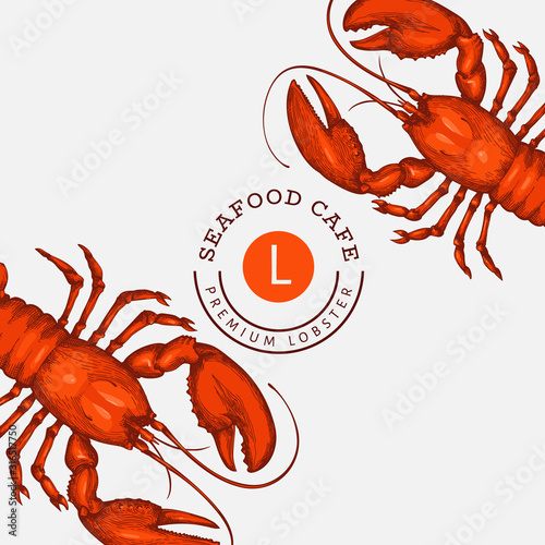 Lobster colored banner. Hand drawn vector seafood illustration. Engraved style. Vintage sea animal background