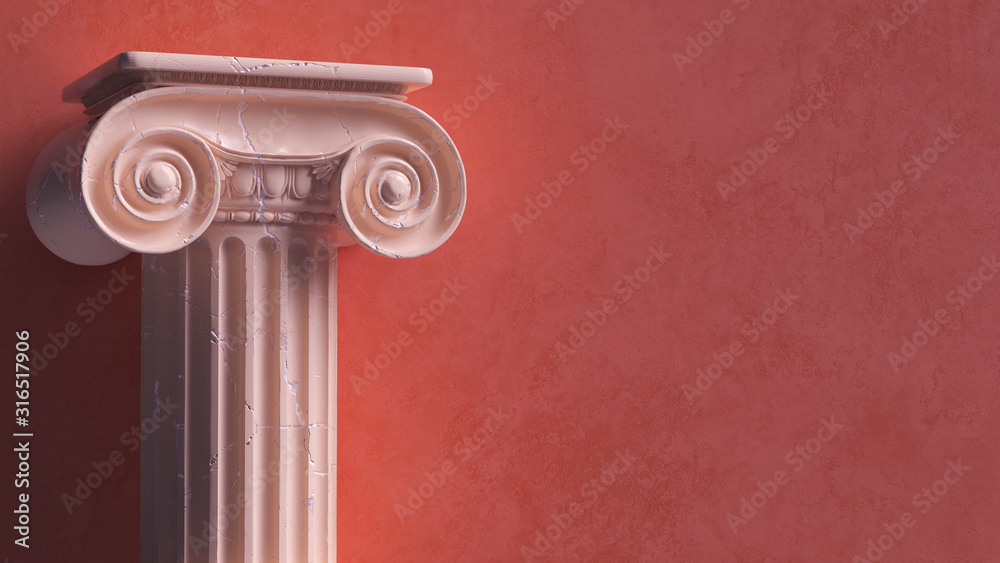 Capital of the ancient Greek Ionic order isolated over white background. Antique column roman pillar architecture, 3d illustration. - obrazy, fototapety, plakaty 