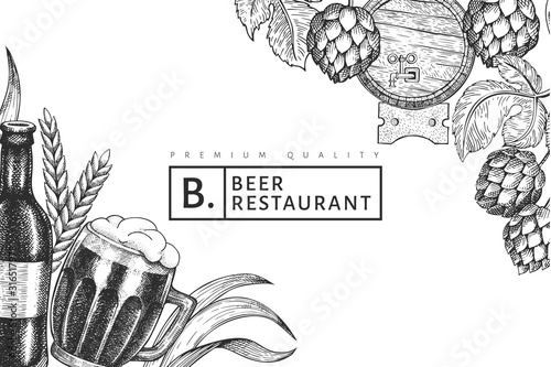 Beer glass mug and hop design template. Hand drawn vector pub beverage illustration. Engraved style. Retro brewery illustration.