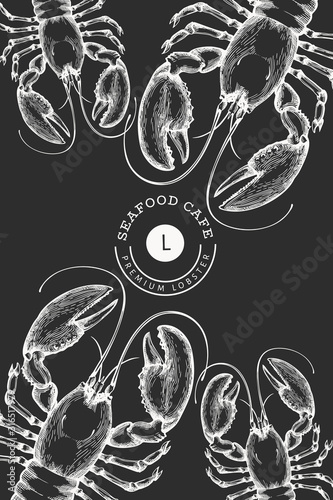 Lobster banner template. Hand drawn vector seafood illustration on chalk board. Engraved style. Vintage sea animal background
