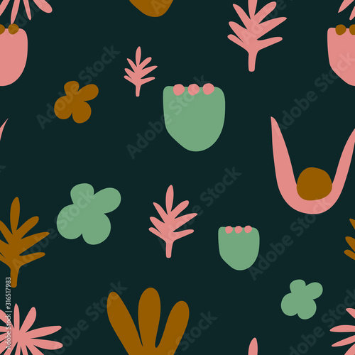 Seamless vector floral modern pattern on the dark background. Vector illustration for wallpaper  postcard  invitation  greeting card  textile  clothes etc.