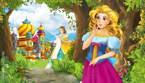 Cartoon nature scene with beautiful girl princess and castle - i