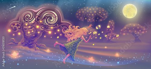 Fantasie boslandschap met dromen meisje zeepbellen blazen in de lucht met magische bomen, sterren, maan, sprookje panoramische vectorillustratie, denkbeeldige wereld