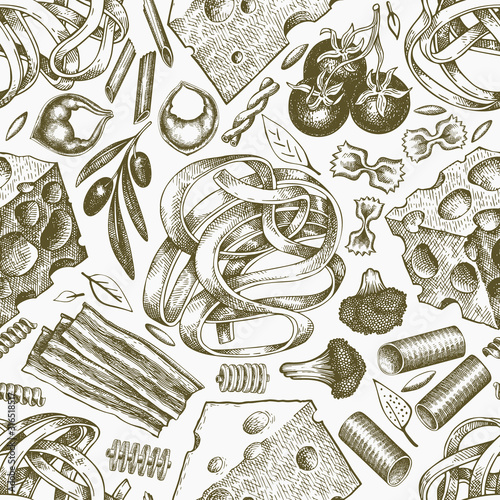 Italian pasta with additions seamless pattern. Hand drawn vector food illustration. Engraved style. Vintage pasta different kinds background.