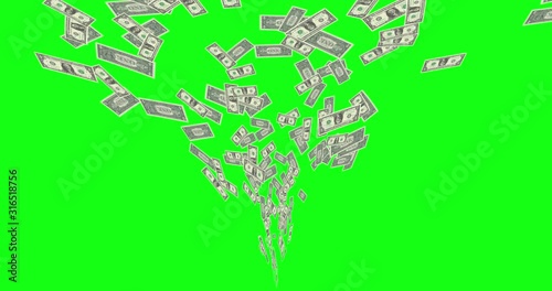 3d dollar bills flying up on green screen. Money going up in funnel shape on chroma key. Concept of cash, crisis, banking, business, success, recession, economy, bank, debt, abundance and finance. photo