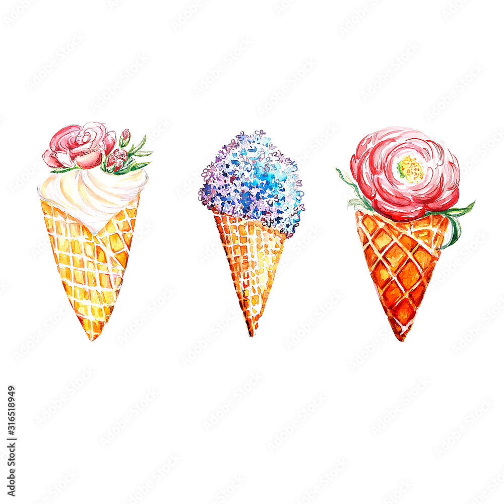 Watercolor waffle cone flower drawing art background