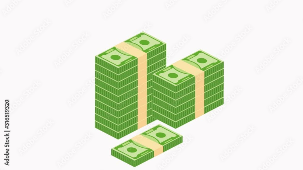 Piles of paper money grow up animation on white background.
