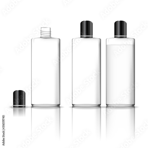 Cosmetic transparent plastic bottle isolated on white background. Skin care bottles for gel, liquid, lotion, cream, shampoo, bath foam. Beauty product package, vector illustration.