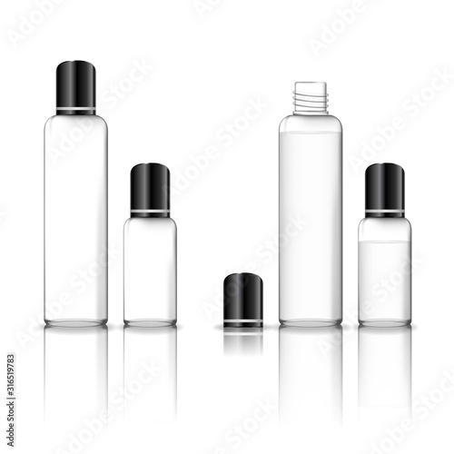 Cosmetic transparent plastic bottle isolated on white background. Skin care bottles for gel, liquid, lotion, cream, shampoo, bath foam. Beauty product package, vector illustration.