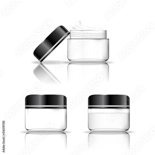 Cosmetic transparent plastic jar isolated on white background. Skin care bottles for gel, liquid, lotion, cream, shampoo, bath foam. Beauty product package, vector illustration.