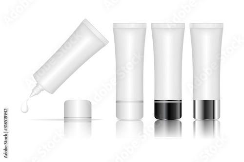 Cosmetic plastic tube isolated on white background. Skin care bottles for gel, liquid, lotion, cream, sunscreen. Beauty product package, vector illustration.