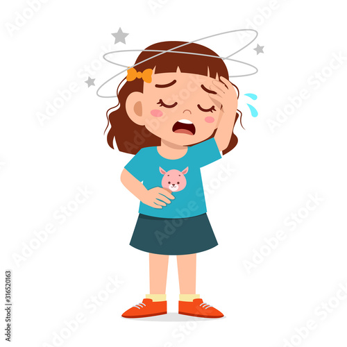 cartoon little kid girl get bad headache