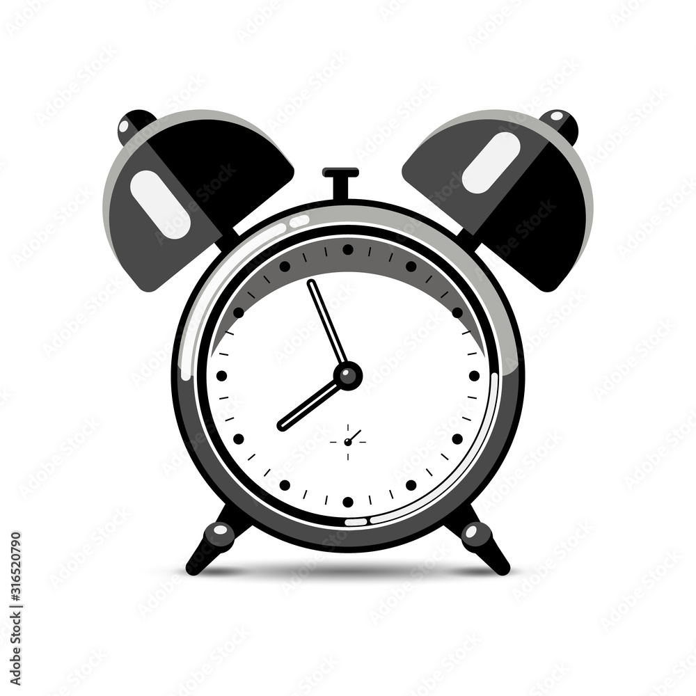 Bedroom table alarm clock with shadow isolated on white background. Time to wake up. Modern flat design style. Monochrome vector illustration. Bedroom table alarm clock with shadow isolated on white background. Time to wake up. Modern flat design style. Monochrome vector illustration.