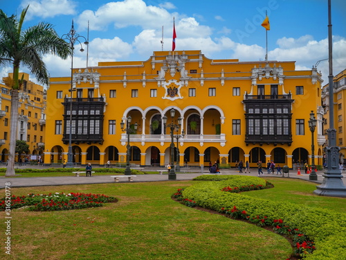Yellow colors on front view of the Municipal Palace of Lima