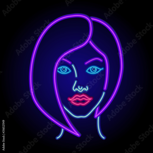 Neon sign girl face. Pop style, illumination glow effect. Retro template sign for night club, store, posters, banners.