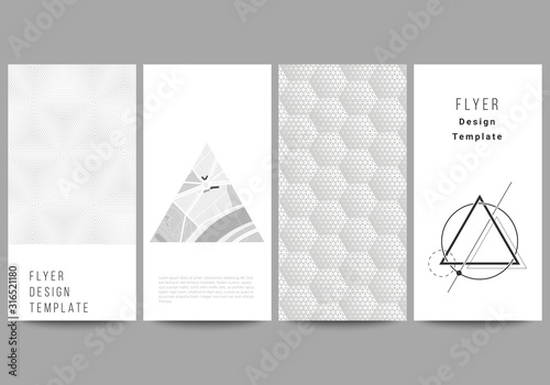 The minimalistic vector illustration of the editable layout of flyer, banner design templates. Abstract geometric triangle design background using different triangular style patterns.