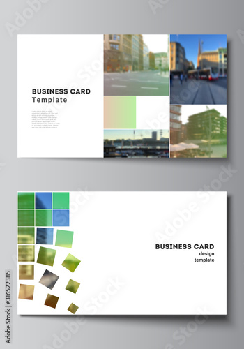Vector layout of two creative business cards design templates  horizontal template vector design. Abstract project with clipping mask green squares for your photo.